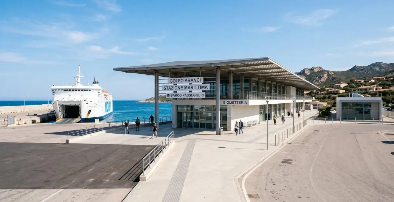 Vista ampia del moderno terminal traghetti del porto di Golfo Aranci in Sardegna, architettura contemporanea mediterranea, cielo azzurro, mare visibile, luce diurna naturale